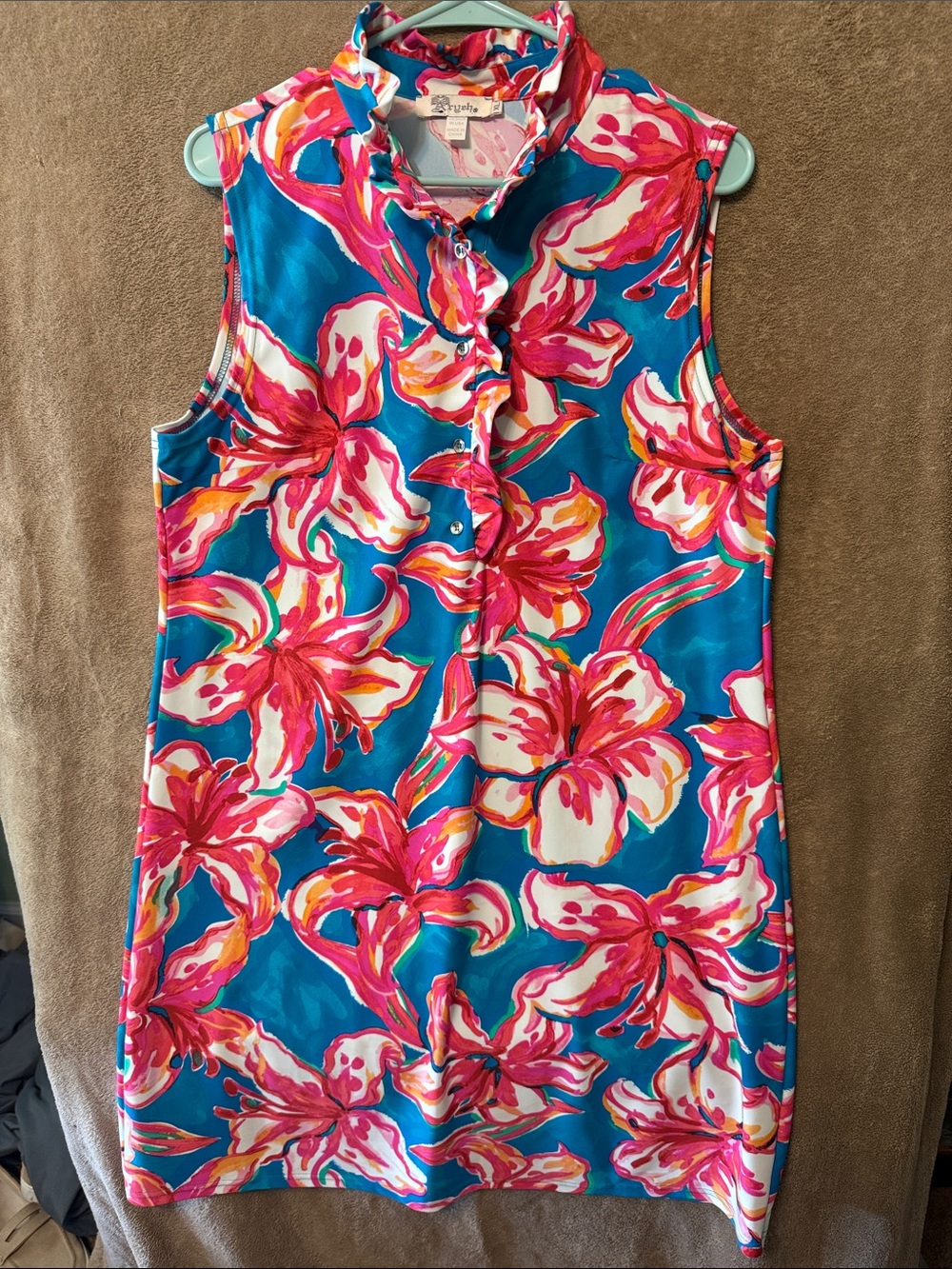 AXYEH Sleeveless Floral Ruffle Neck dress Turquoise & Pink